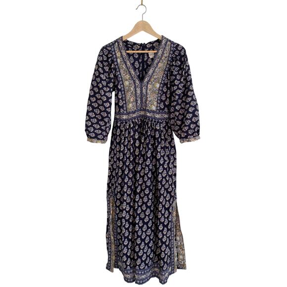 La Vie Rebecca Taylor Indienne Cotton Midi Dress Boho Floral Block Print Small - Picture 4 of 12